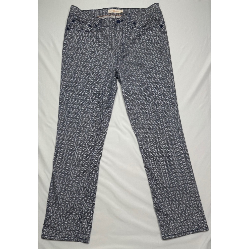 Tory Burch Navy White Chain Link Print Straight Leg Pants Size 29 Preppy
